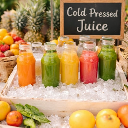 Cold pressed juice display with bottles of orange, green, yellow, red, and green juices on ice, surrounded by fruits and a chalkboard sign.