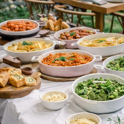 Diverse array of food dishes including pasta, vegetables, and bread on a table outdoors.