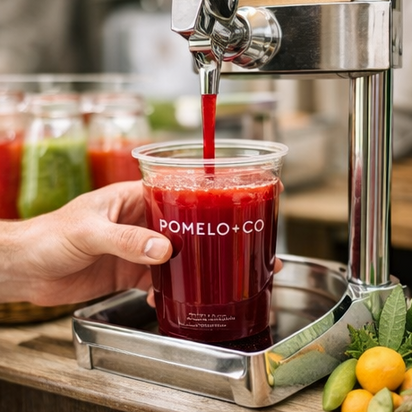 Red juice being poured into a 'Pomelo+Co' cup from a juicer.