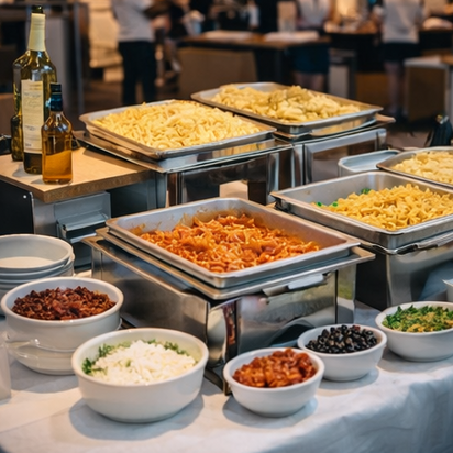 Buffet table with various dishes including pasta and vegetables in a casual dining setting.