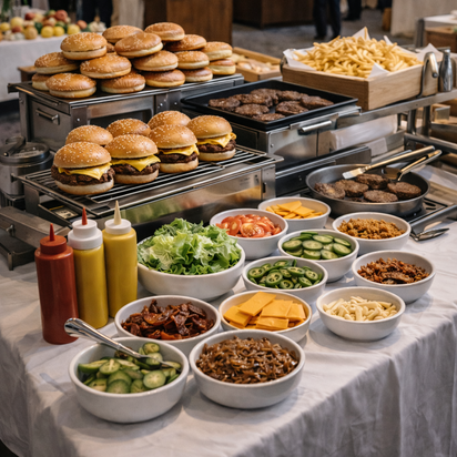 Buffet table with burgers, fries, and various condiments in a casual dining setting. Burger Cart with multiple toppings, build your own burger station.